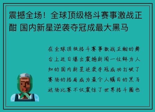 震撼全场！全球顶级格斗赛事激战正酣 国内新星逆袭夺冠成最大黑马